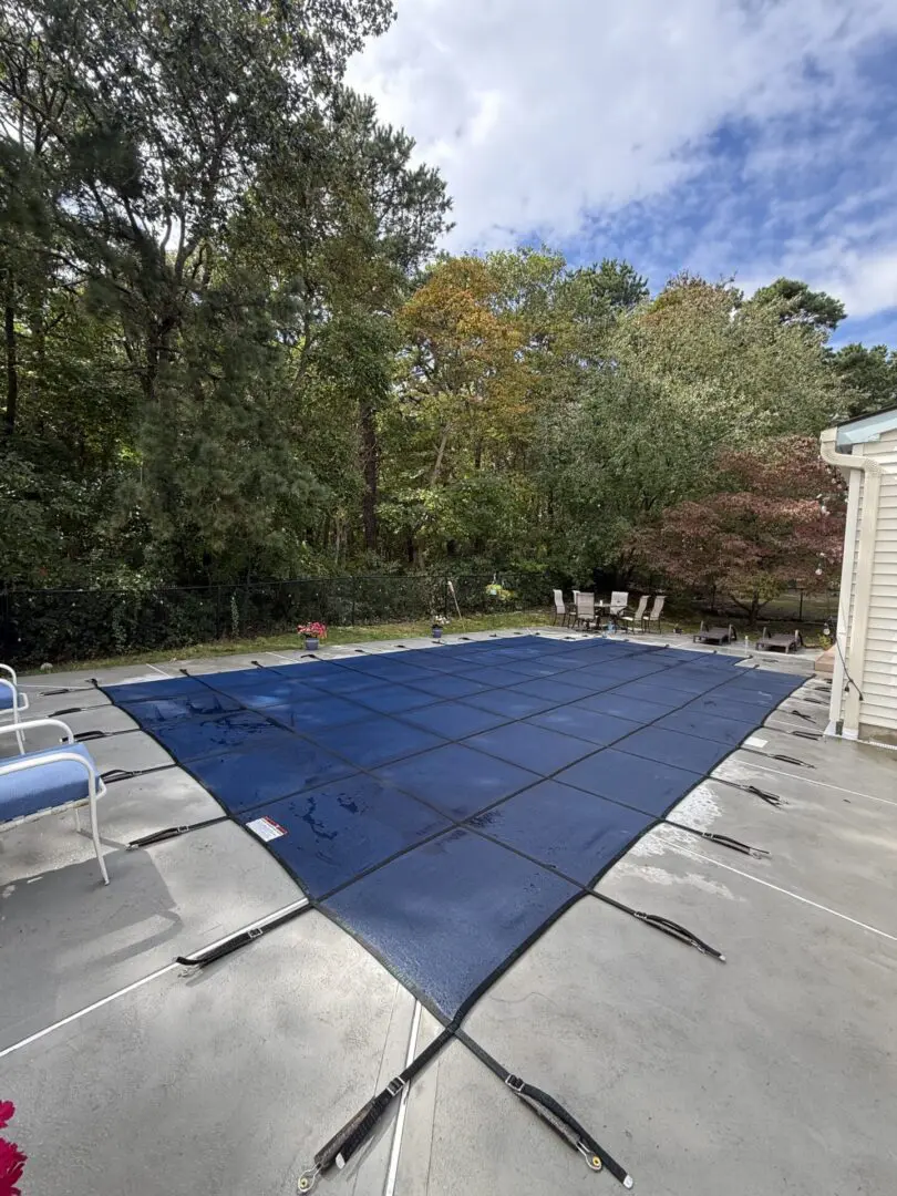 Blue pool cover with trees in background.